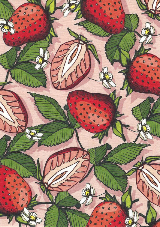Edi Strawberry Postcard, illustrated by illi for Nobis Design featuring a pattern of strawberries, leaves, and flowers on a pink background