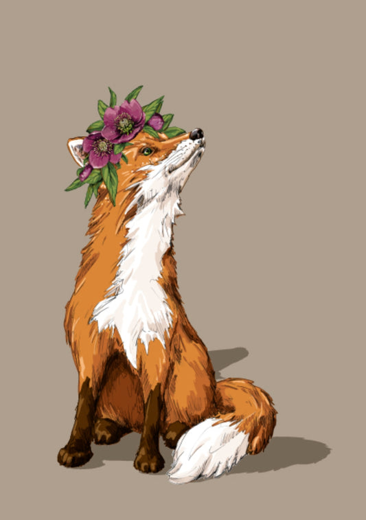Fox Postcard illustrated by illi for Nobis Design featuring an Illustration of a fox wearing a floral headband on a beige background