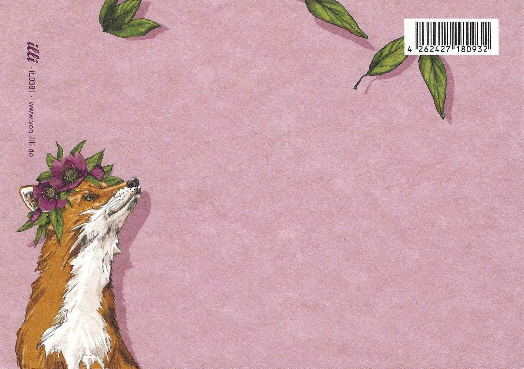 featuring a fox wearing a flower crown on a pink background with green leaves.