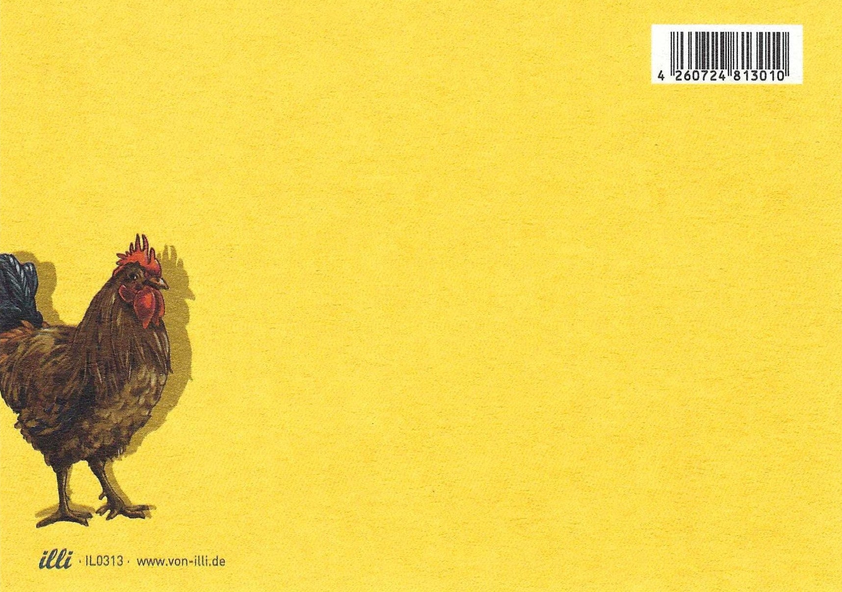 illi potcard back featuring a rooster illustration on a yellow background with a barcode