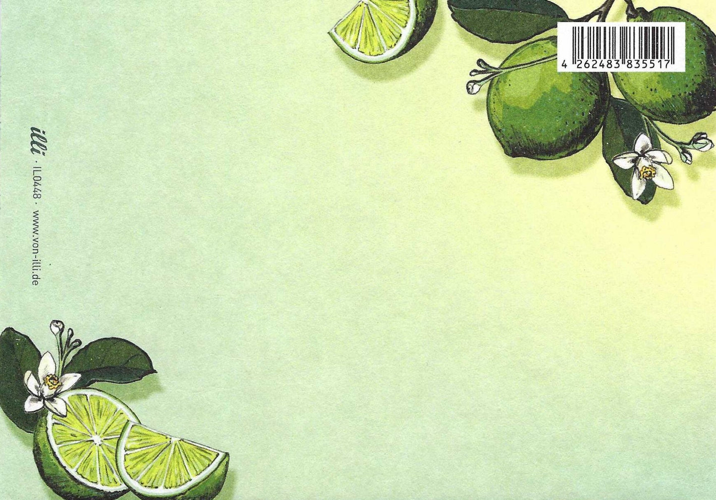 Metti - Lime Postcard Back featuring an illustration of green limes with leaves and flowers on a light green gradient background with barcode