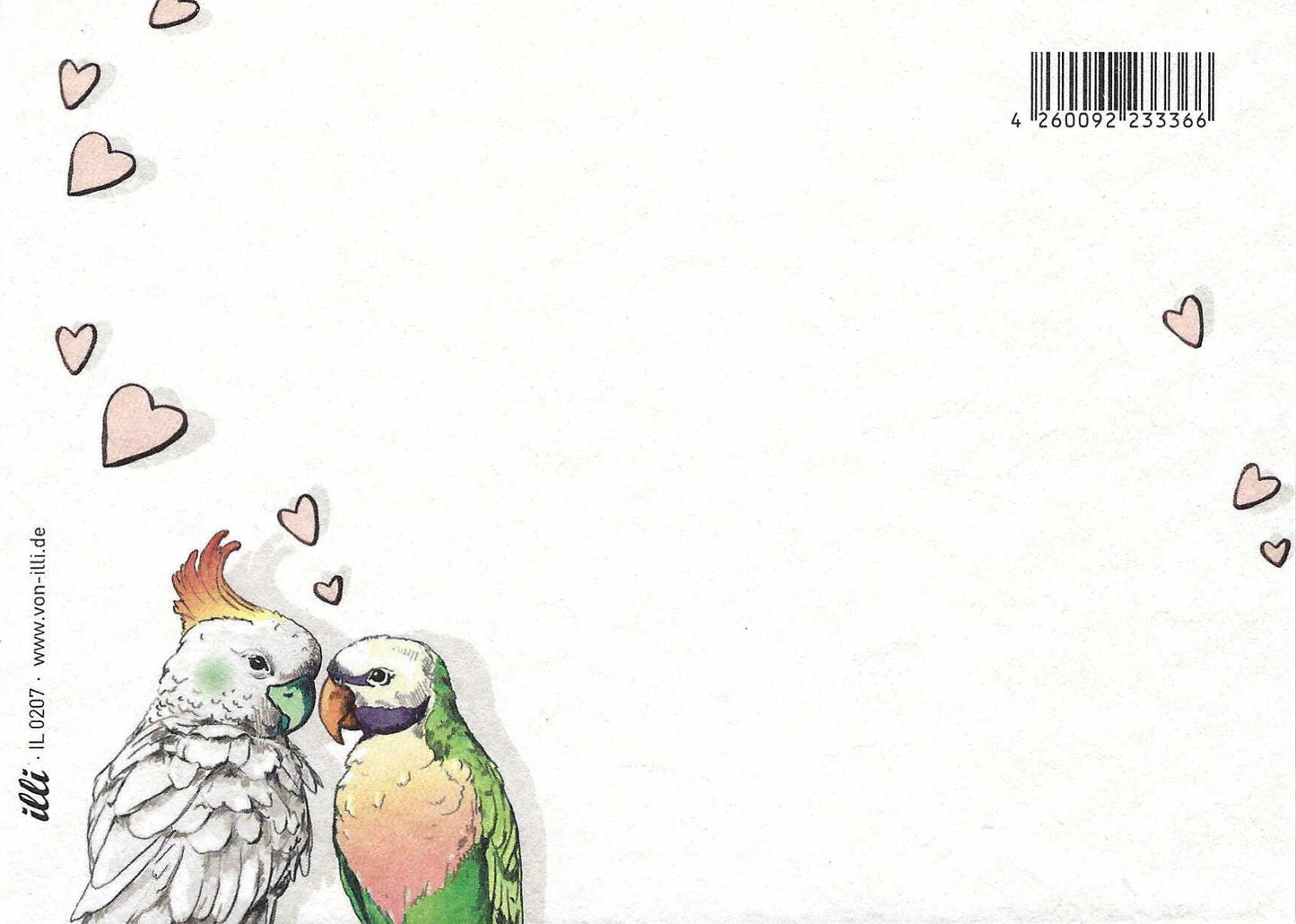 Postcard Back featuring two birds with hearts around on a white background