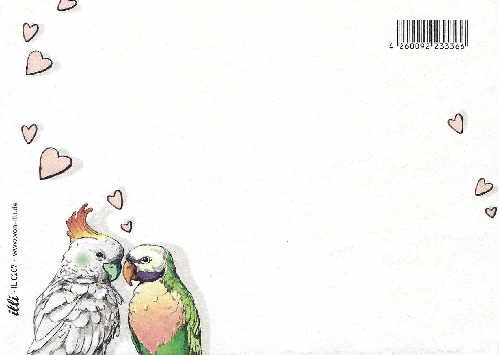 Postcard Back featuring two birds with hearts around on a white background