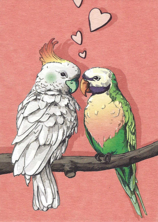 Noni and Lou Bird Postcard illustrated by illi for Nobis Design featuring two birds on a branch with hearts above them on a pink background