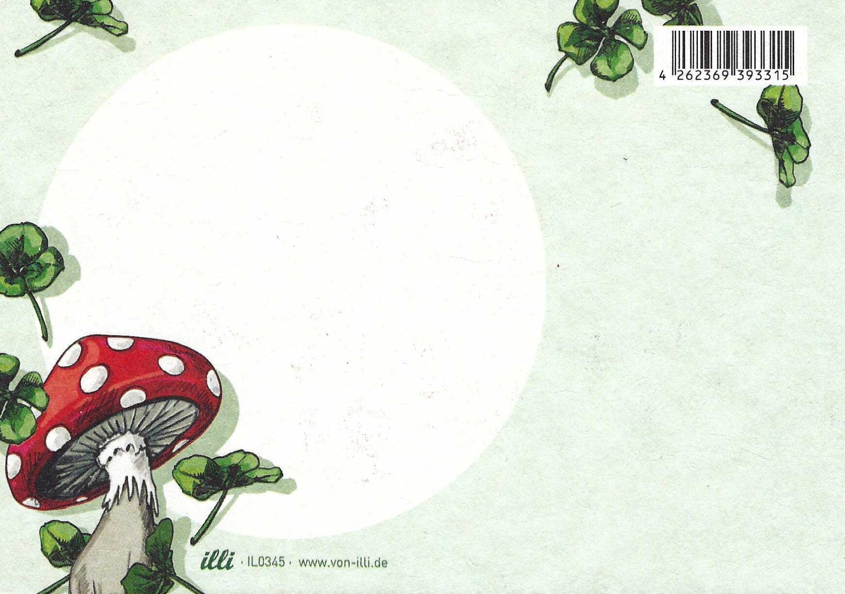 PEMO - Good Luck Postcard Back by Nobis Design featuring a red and white mushroom with green four-leaf clovers on a light green background