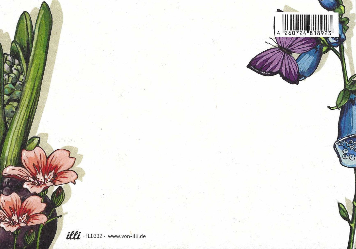 Talibola - Flowers Postcard back by Nobis Design featuring a colorful illustration of flowers and a butterfly on a white background