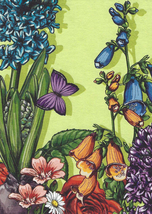 Talibola - Flowers Postcard by Nobis Design featuring a colorful illustration of flowers and a butterfly on a green background