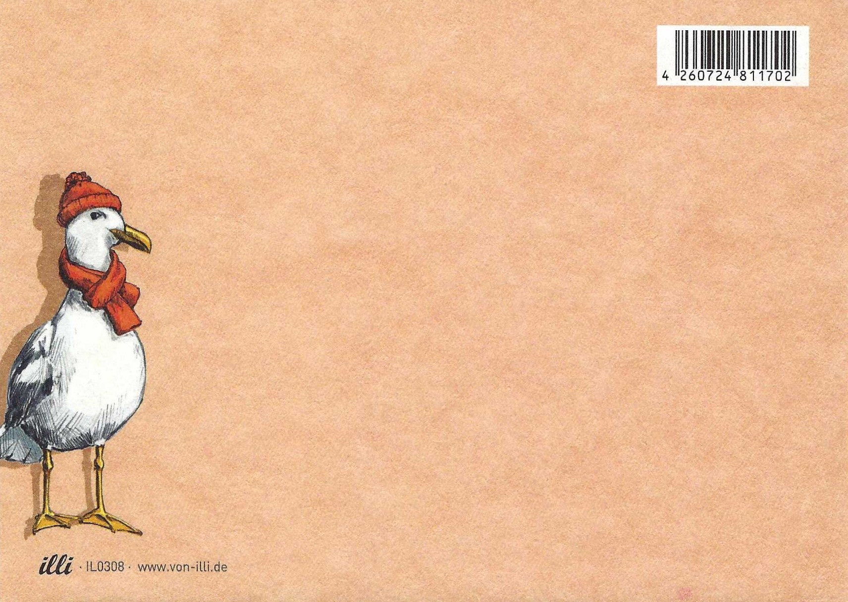 Nobis Design Postcard Back featuring an illustration of a seagull wearing a red hat and scarf