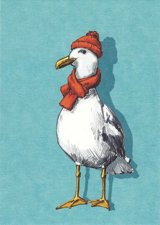 Tapo Seagull Postcard, illustrated by illi for Nobis Design featuring a Seagull wearing a red hat and scarf on a blue background