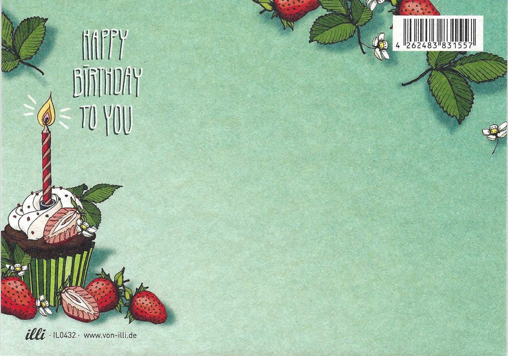 illi postcard back with cupcake, candle, and strawberries on a light green background and Happy Birthday to You text