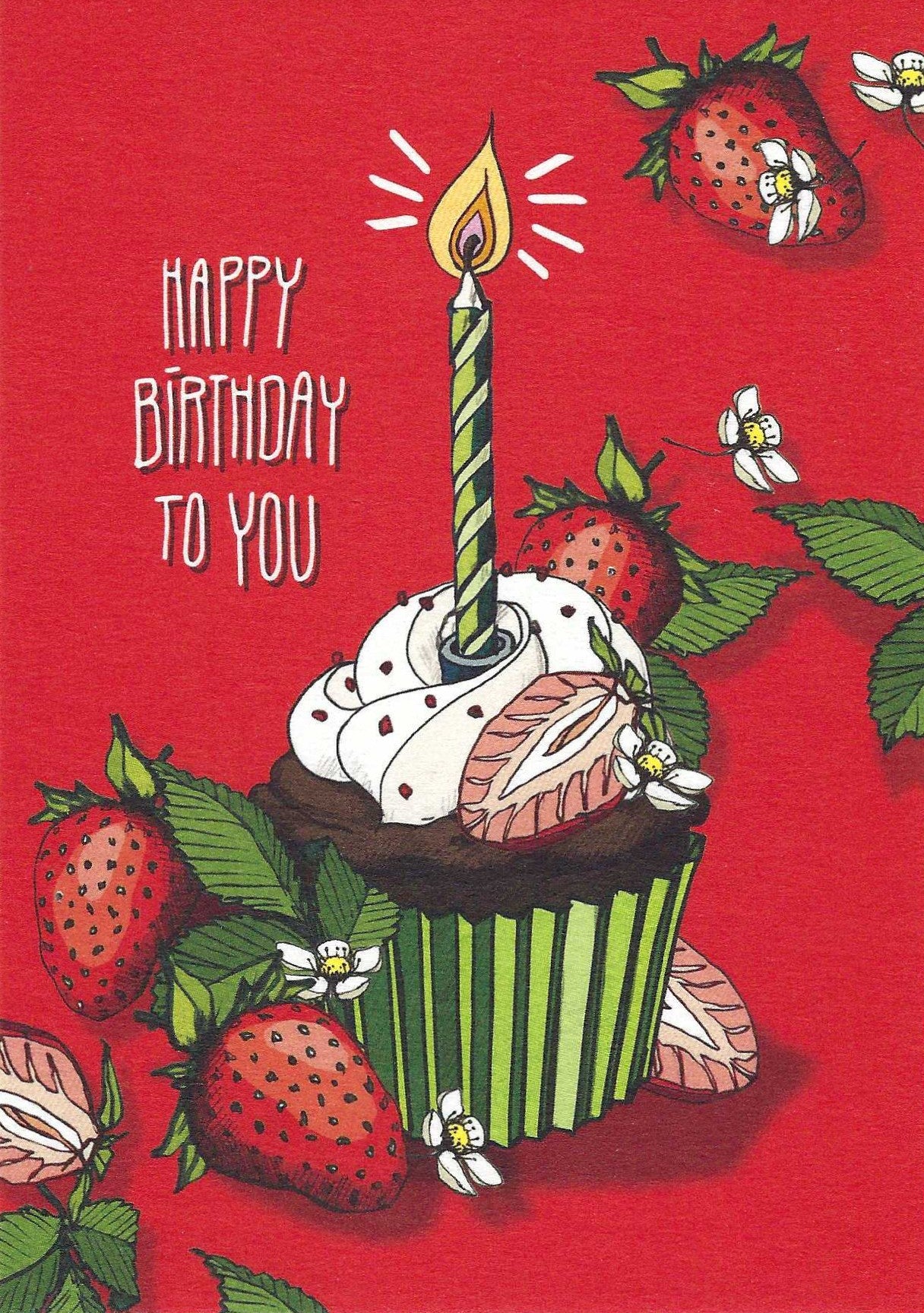 Tarti Birthday Postcard by Nobis Design featuring a cupcake, candle, and strawberries on a red background with the text Happy Birthday to You