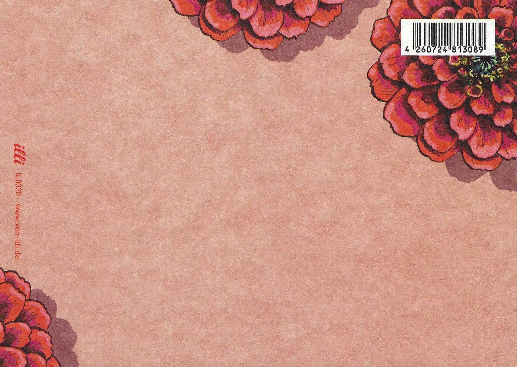 Zinno Flower Postcard Back by Nobis Design featuring an illustration of red flowers on a red background