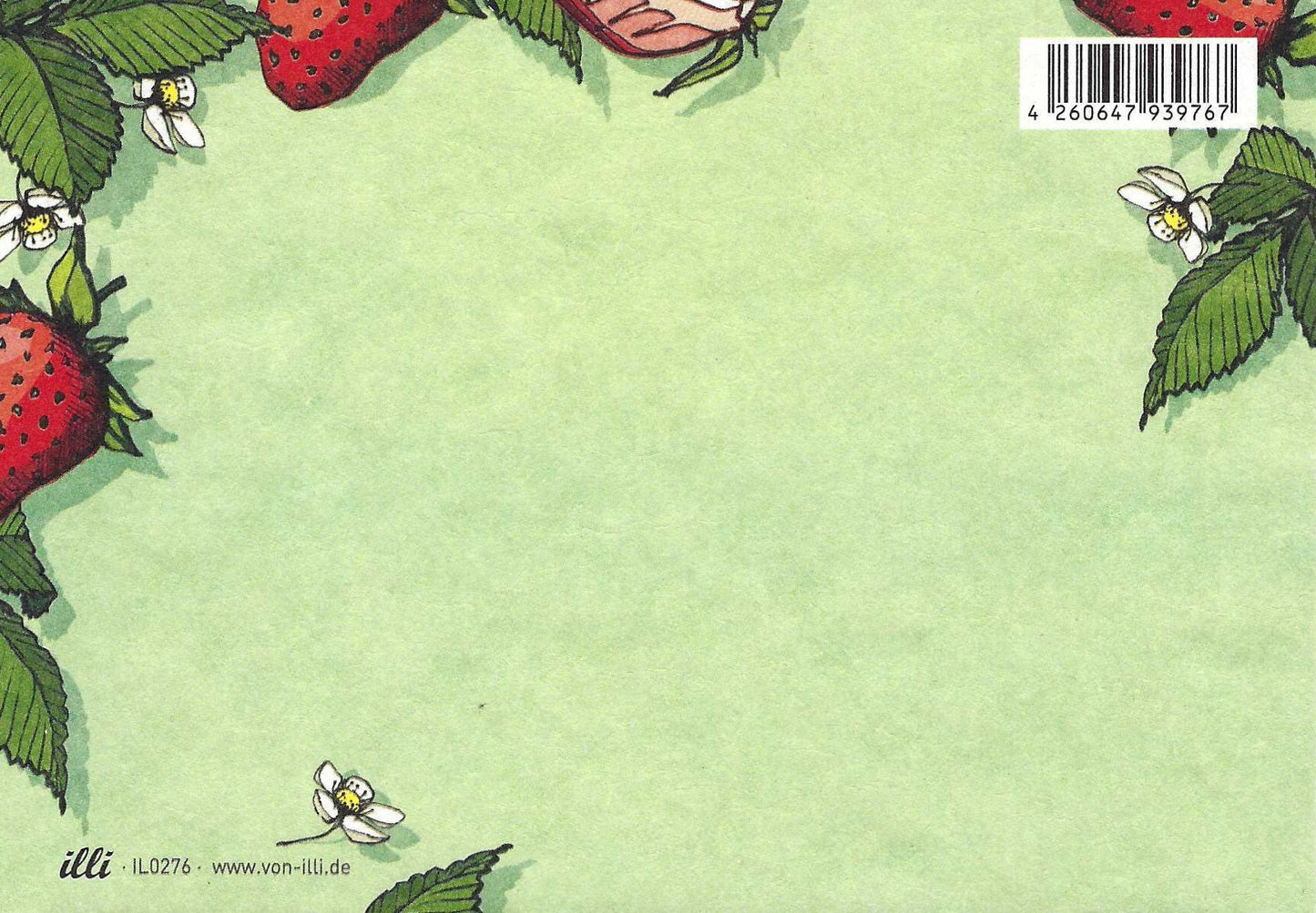 Edi Strawberry postcard back illustrated by illi for Nobis Design featuring strawberries, leaves, and flowers on a green background