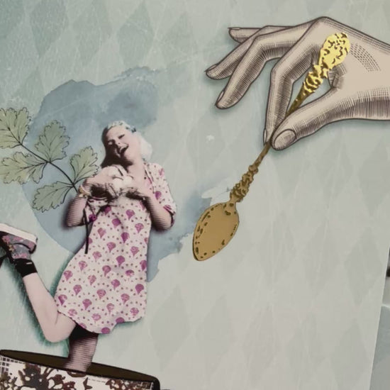Golden Girl Postcard by La Tack for Nobis Design featuring an illustration of a girl in a dress being held in a teacup and saucer with a golden spoon above.