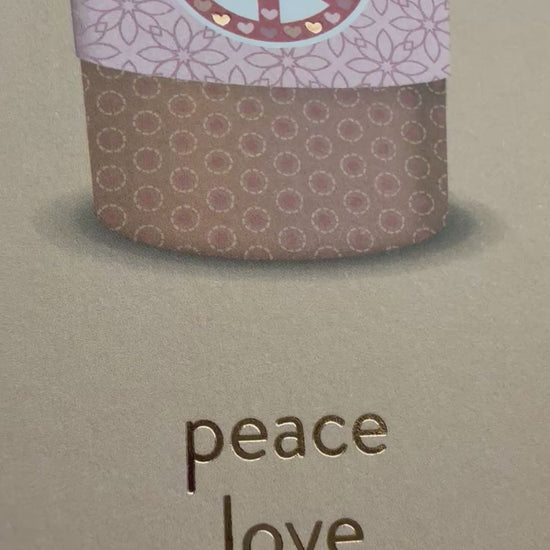 Peace, Love, Coffee Postcard by Nobis Design featuring a coffee cup with peace symbol design on a beige background with foil details
