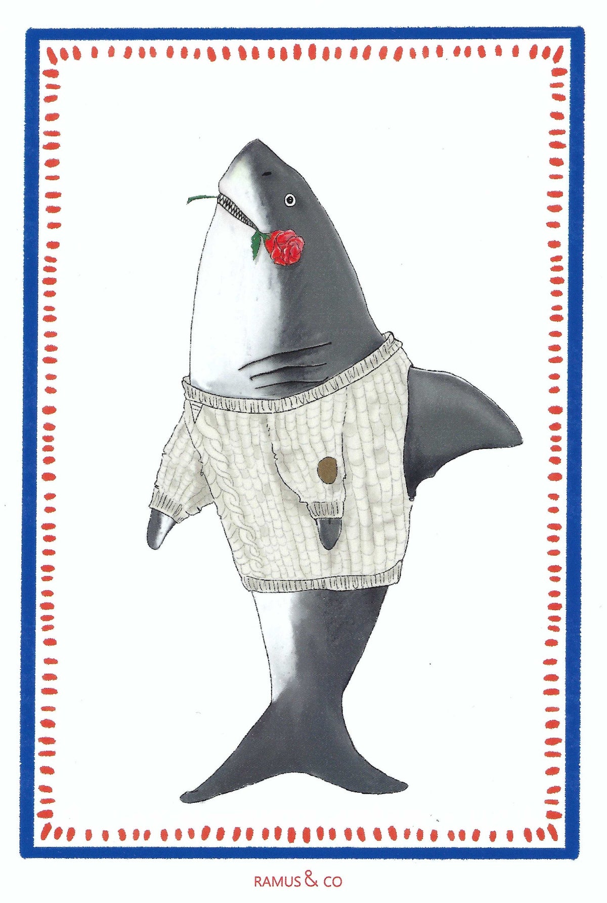 Sharky Love Postcard by Ramus & Company featuring an illustration of a shark wearing a sweater with a rose in it's mouth.