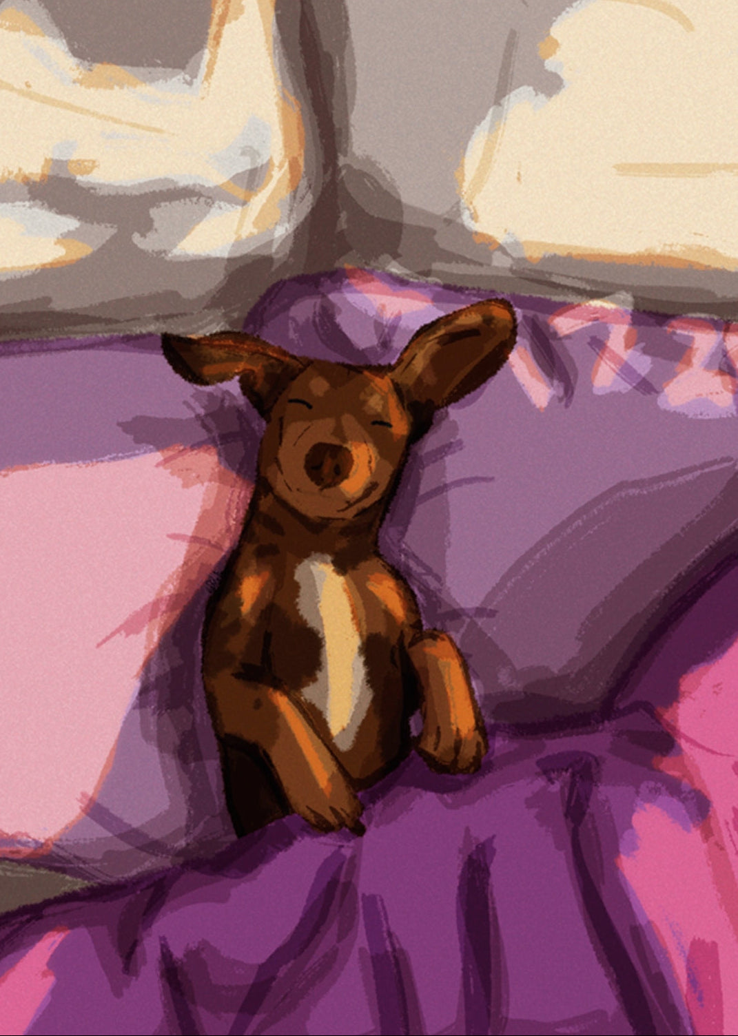 Sleeping Dog Postcard by Hello Hessah featuring an illustration of a brown Dachshund dog on a purple blanket. 